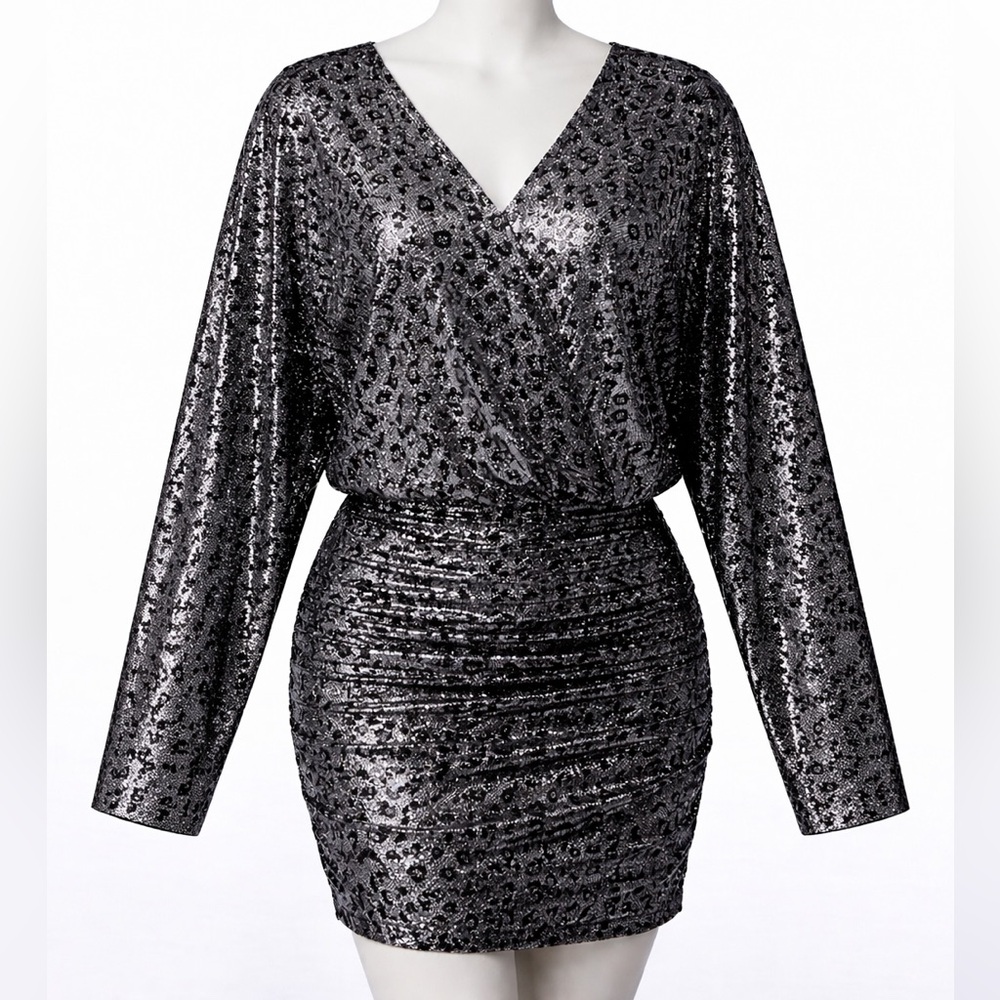 Jovani 3169 Silver & Black Metallic Leopard Ruched Mini Dress-sz 12